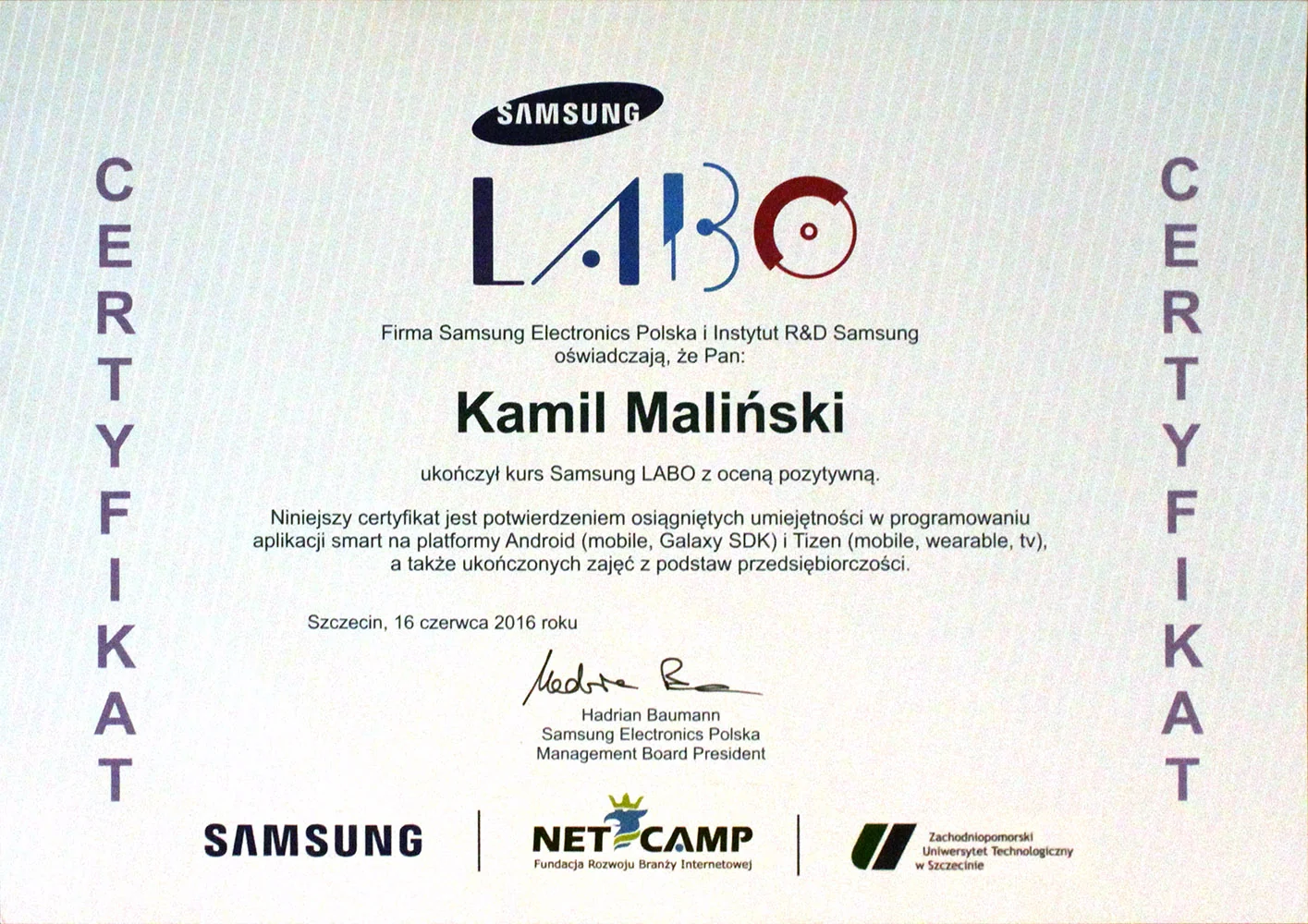 Certyfikat Samsung LABO